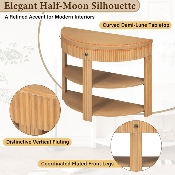 English Elm Trexm Fluted Half Moon Entryway Console with Birch Veneer Drawer and Open Shelving Natural N715P482243N