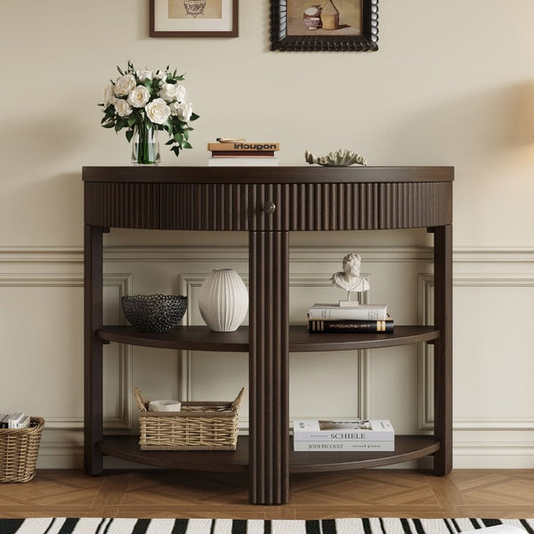 English Elm Trexm Fluted Half Moon Entryway Console with Birch Veneer Drawer and Open Shelving Espresso N715P482243P