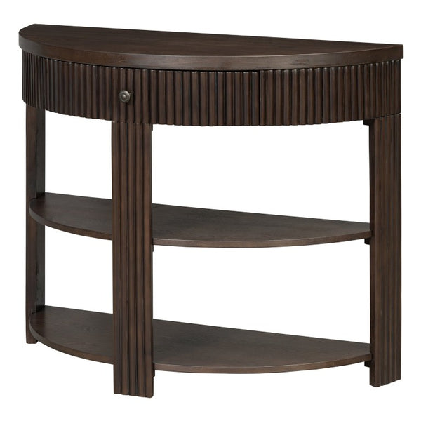 English Elm Trexm Fluted Half Moon Entryway Console with Birch Veneer Drawer and Open Shelving Espresso N715P482243P