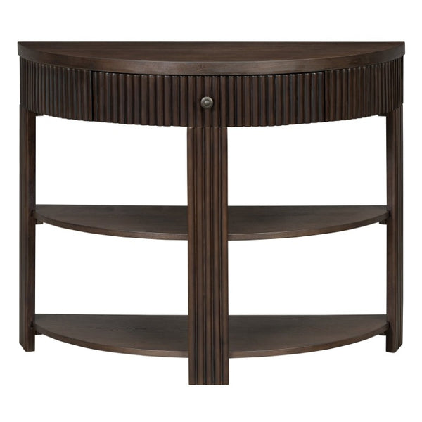 English Elm Trexm Fluted Half Moon Entryway Console with Birch Veneer Drawer and Open Shelving Espresso N715P482243P