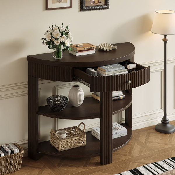 English Elm Trexm Fluted Half Moon Entryway Console with Birch Veneer Drawer and Open Shelving Espresso N715P482243P