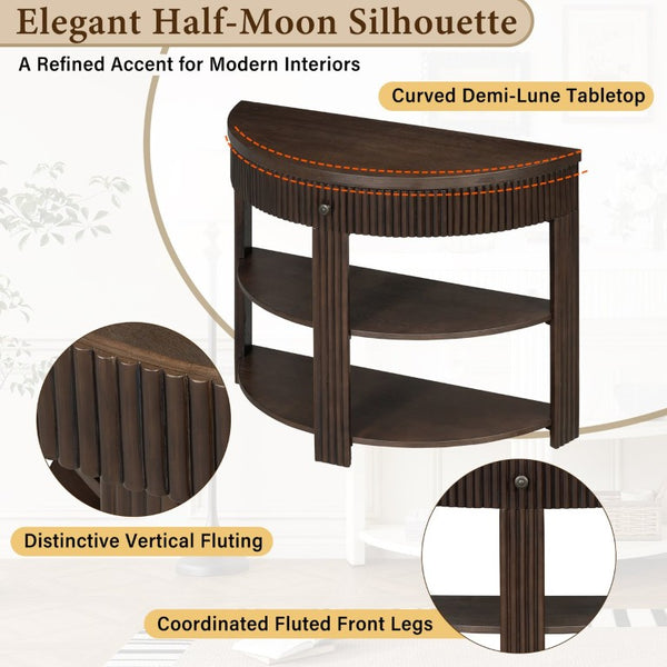 English Elm Trexm Fluted Half Moon Entryway Console with Birch Veneer Drawer and Open Shelving Espresso N715P482243P