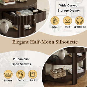 English Elm Trexm Fluted Half Moon Entryway Console with Birch Veneer Drawer and Open Shelving Espresso N715P482243P