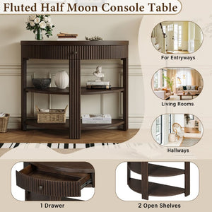 English Elm Trexm Fluted Half Moon Entryway Console with Birch Veneer Drawer and Open Shelving Espresso N715P482243P