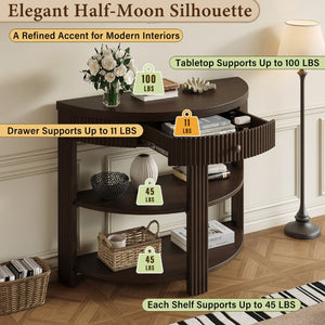 English Elm Trexm Fluted Half Moon Entryway Console with Birch Veneer Drawer and Open Shelving Espresso N715P482243P