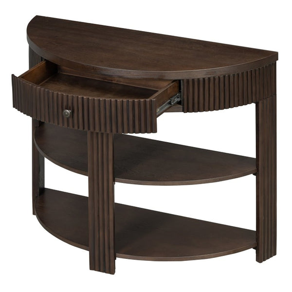 English Elm Trexm Fluted Half Moon Entryway Console with Birch Veneer Drawer and Open Shelving Espresso N715P482243P