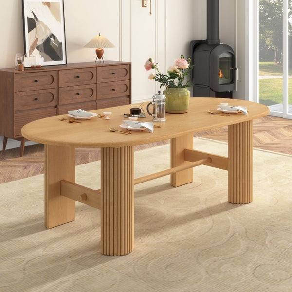 English Elm Trexm Oval Oak Veneer Dining Table Fluted Double Pedestal Base Farmhouse Warm Natural N715P487120N