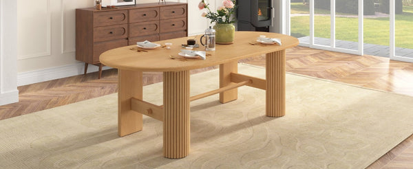 English Elm Trexm Oval Oak Veneer Dining Table Fluted Double Pedestal Base Farmhouse Warm Natural N715P487120N