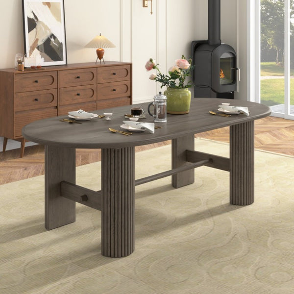 English Elm Trexm Oval Oak Veneer Dining Table Fluted Double Pedestal Base Farmhouse Warm Espresso N715P487120P