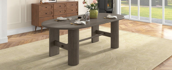 English Elm Trexm Oval Oak Veneer Dining Table Fluted Double Pedestal Base Farmhouse Warm Espresso N715P487120P