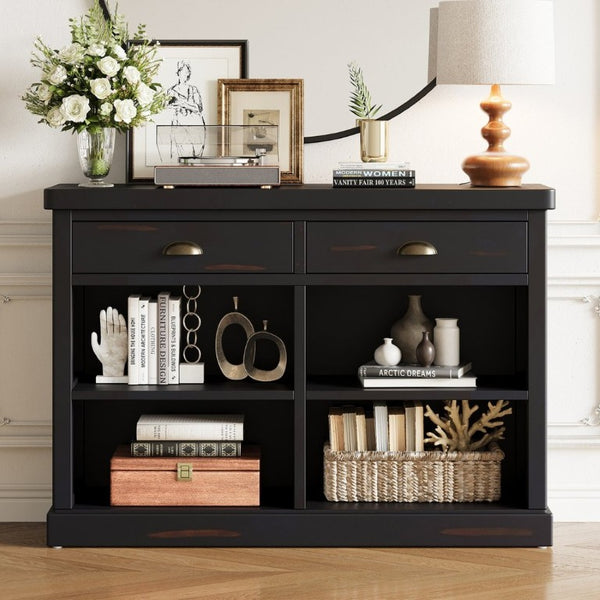 English Elm Trexm Farmhouse Console Table with Drawers Open Cubbies Acacia Entryway Hallway Espresso N715P497738B