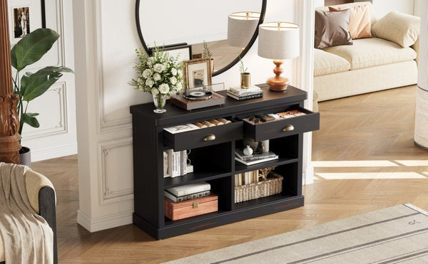 English Elm Trexm Farmhouse Console Table with Drawers Open Cubbies Acacia Entryway Hallway Espresso N715P497738B