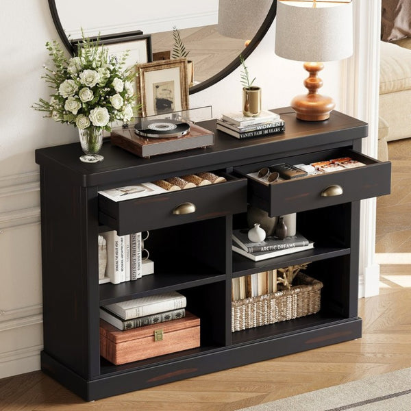 English Elm Trexm Farmhouse Console Table with Drawers Open Cubbies Acacia Entryway Hallway Espresso N715P497738B