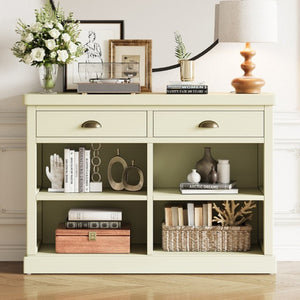 English Elm Trexm Farmhouse Console Table with Drawers Open Cubbies Acacia Entryway Hallway White N715P497738K