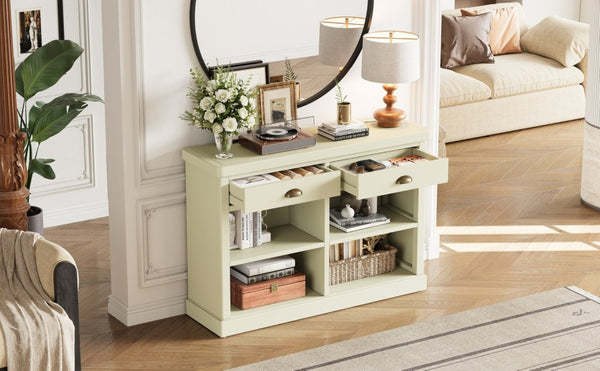 English Elm Trexm Farmhouse Console Table with Drawers Open Cubbies Acacia Entryway Hallway White N715P497738K