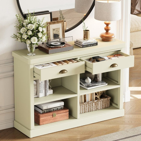 English Elm Trexm Farmhouse Console Table with Drawers Open Cubbies Acacia Entryway Hallway White N715P497738K