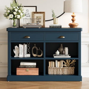 English Elm Trexm Farmhouse Console Table with Drawers Open Cubbies Acacia Entryway Hallway Navy N715P497738M