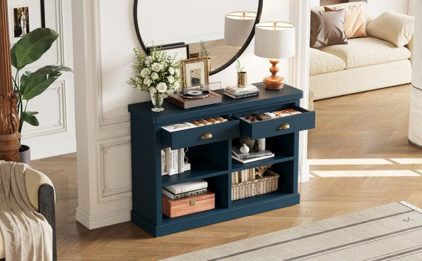 English Elm Trexm Farmhouse Console Table with Drawers Open Cubbies Acacia Entryway Hallway Navy N715P497738M