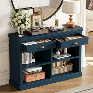 English Elm Trexm Farmhouse Console Table with Drawers Open Cubbies Acacia Entryway Hallway Navy N715P497738M