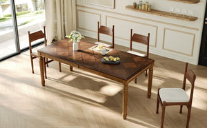 English Elm Trexm Parquet Veneer Rectangular Dining Table with Turned Rubberwood Legs Seats Six Walnut 78.7 inches MDF,Solid Wood N715P503381D