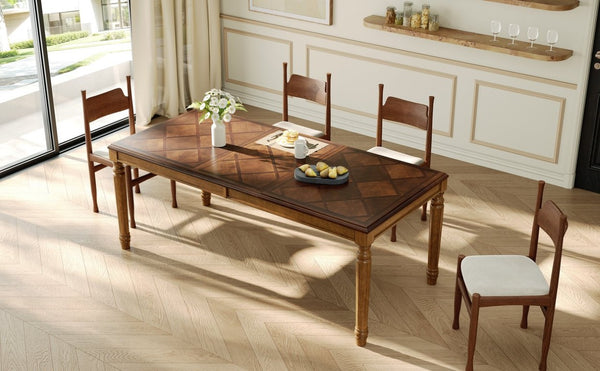 English Elm Trexm Parquet Veneer Rectangular Dining Table with Turned Rubberwood Legs Seats Six Walnut 78.7 inches MDF,Solid Wood N715P503381D