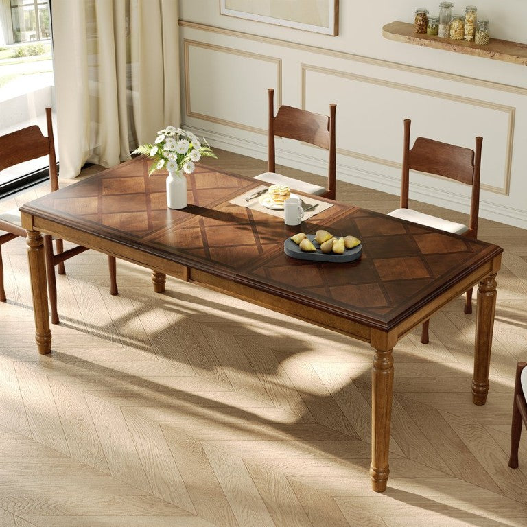 English Elm Trexm Parquet Veneer Rectangular Dining Table with Turned Rubberwood Legs Seats Six Walnut 78.7 inches MDF,Solid Wood N715P503381D
