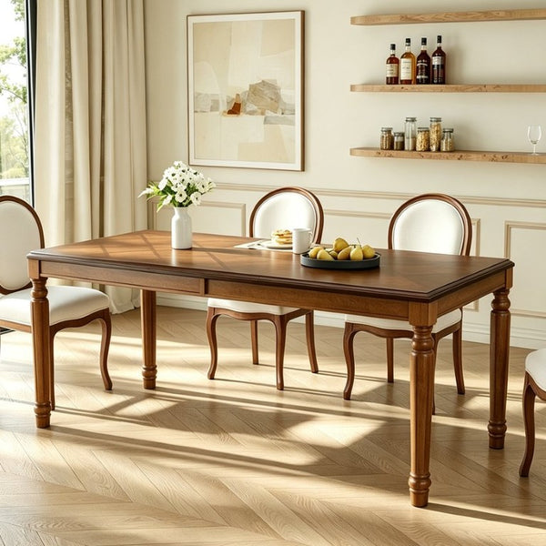 English Elm Trexm Parquet Veneer Rectangular Dining Table with Turned Rubberwood Legs Seats Six Walnut 78.7 inches MDF,Solid Wood N715P503381D