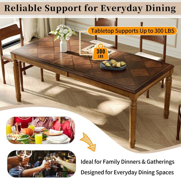 English Elm Trexm Parquet Veneer Rectangular Dining Table with Turned Rubberwood Legs Seats Six Walnut 78.7 inches MDF,Solid Wood N715P503381D