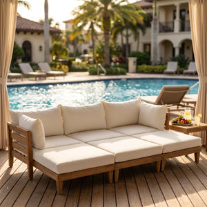 English Elm Topmax Acacia Wood Six Piece Modular Outdoor Daybed Set with Thick Cushions Poolside N717C263001A
