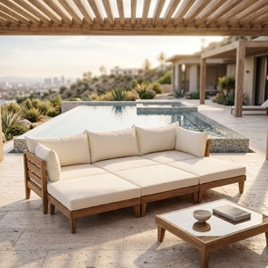 English Elm Topmax Acacia Wood Six Piece Modular Outdoor Daybed Set with Thick Cushions Poolside N717C263001A