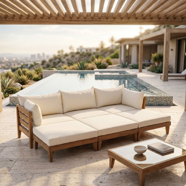 English Elm Topmax Acacia Wood Six Piece Modular Outdoor Daybed Set with Thick Cushions Poolside N717C263001A