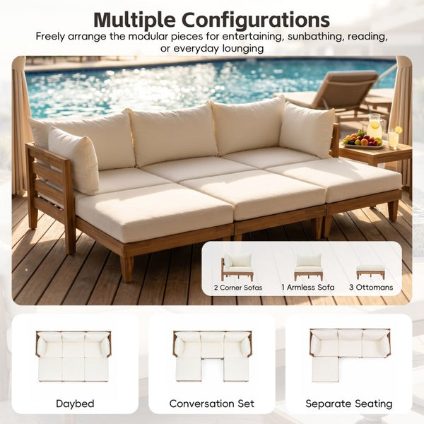 English Elm Topmax Acacia Wood Six Piece Modular Outdoor Daybed Set with Thick Cushions Poolside N717C263001A