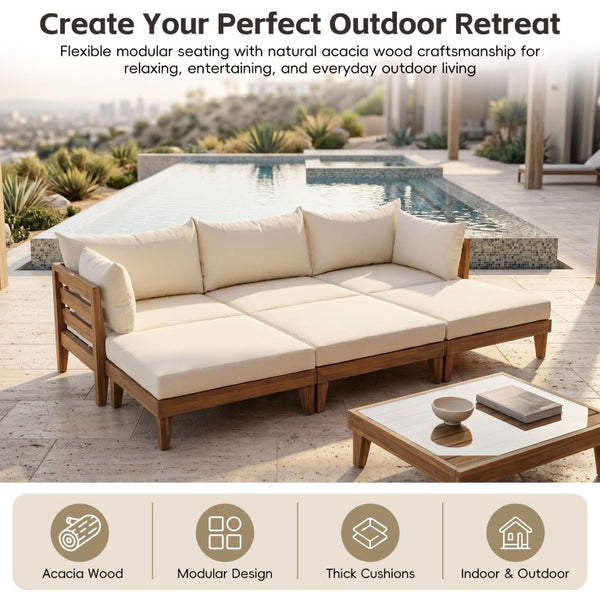 English Elm Topmax Acacia Wood Six Piece Modular Outdoor Daybed Set with Thick Cushions Poolside N717C263001A