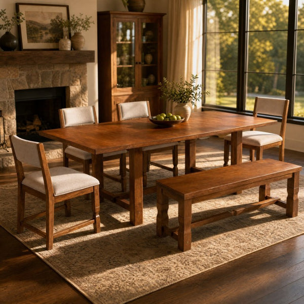 English Elm Topmax Extendable Rubberwood Six Piece Dining Set with Bench and Padded Chairs N717D266002D