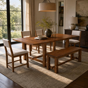 English Elm Topmax Extendable Rubberwood Six Piece Dining Set with Bench and Padded Chairs N717D266002D