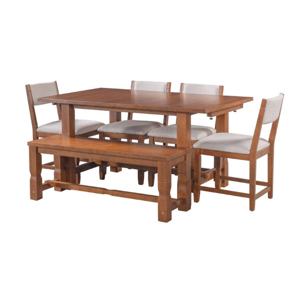 English Elm Topmax Extendable Rubberwood Six Piece Dining Set with Bench and Padded Chairs N717D266002D