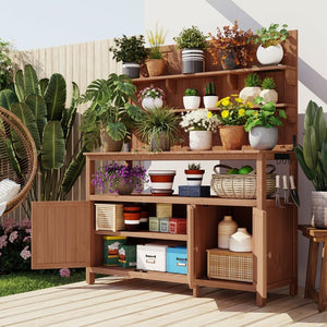 English Elm Topmax Solid Fir Wood Potting Bench with Hutch Shelves and Cabinet Garden Workstation N717P233280D