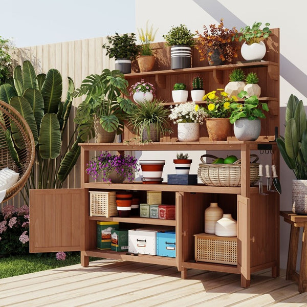 English Elm Topmax Solid Fir Wood Potting Bench with Hutch Shelves and Cabinet Garden Workstation N717P233280D