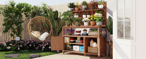 English Elm Topmax Solid Fir Wood Potting Bench with Hutch Shelves and Cabinet Garden Workstation N717P233280D