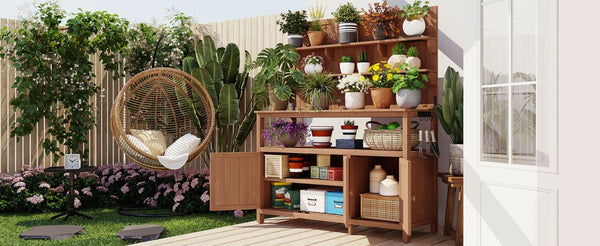 English Elm Topmax Solid Fir Wood Potting Bench with Hutch Shelves and Cabinet Garden Workstation N717P233280D