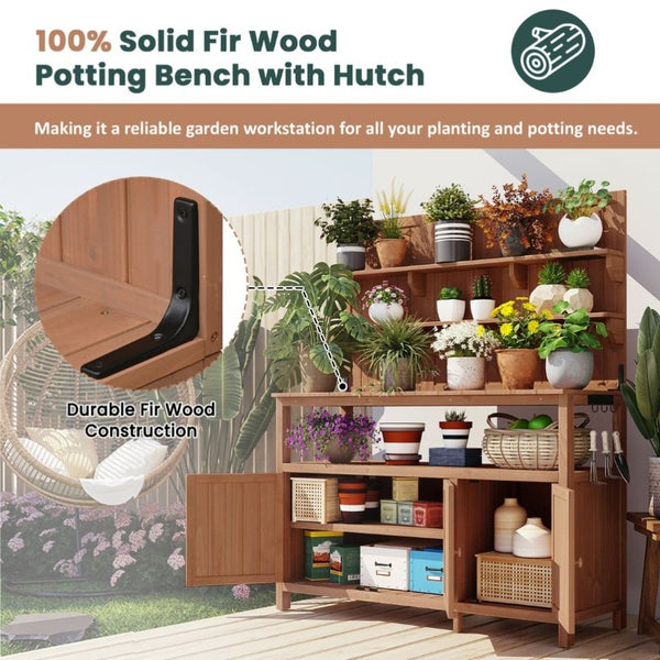 English Elm Topmax Solid Fir Wood Potting Bench with Hutch Shelves and Cabinet Garden Workstation N717P233280D