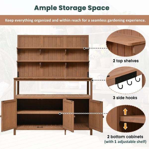 English Elm Topmax Solid Fir Wood Potting Bench with Hutch Shelves and Cabinet Garden Workstation N717P233280D