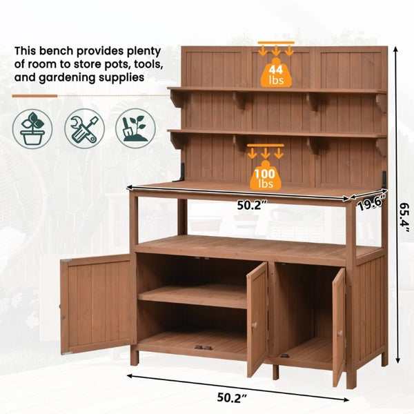English Elm Topmax Solid Fir Wood Potting Bench with Hutch Shelves and Cabinet Garden Workstation N717P233280D
