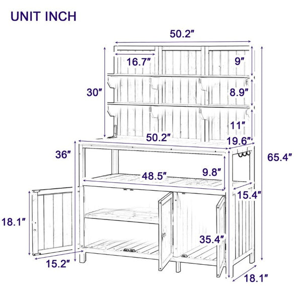English Elm Topmax Solid Fir Wood Potting Bench with Hutch Shelves and Cabinet Garden Workstation N717P233280D