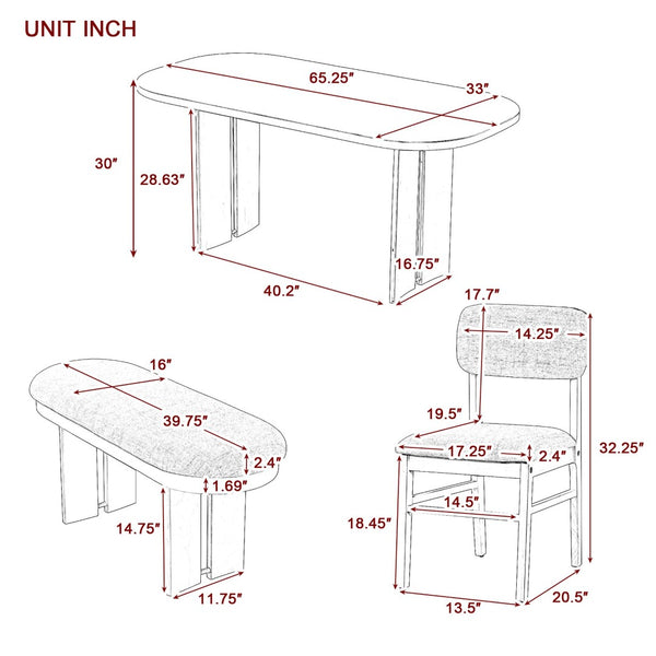 English Elm N717p237552d Solid Rubberwood 6 Piece Dining Set with Upholstered Bench and Chairs N717P237552D