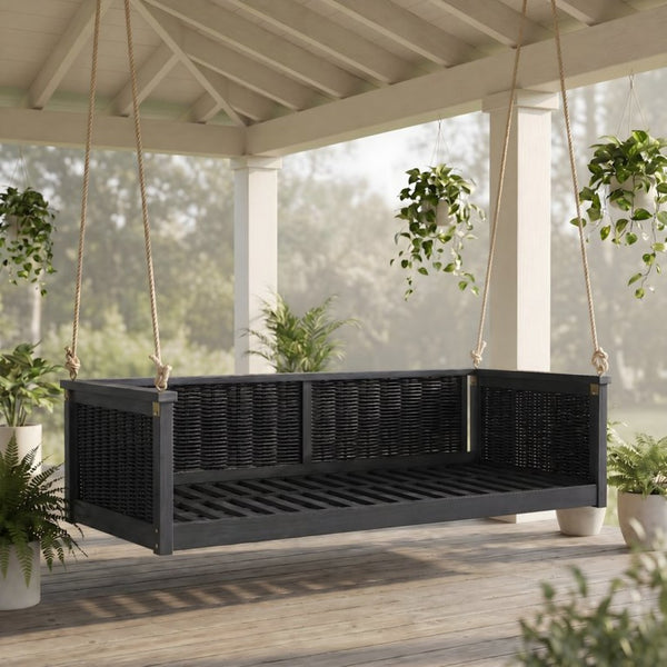 English Elm Topmax Outdoor Acacia Wood Twin Swing Bed with Handwoven Rattan Panels for Porch or Patio N717P417844B