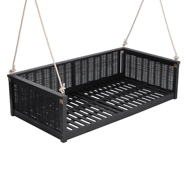 English Elm Topmax Outdoor Acacia Wood Twin Swing Bed with Handwoven Rattan Panels for Porch or Patio N717P417844B