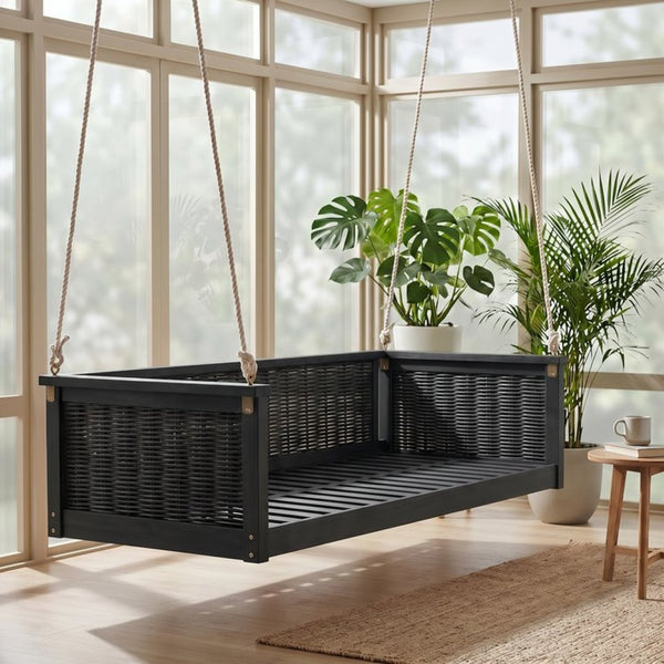 English Elm Topmax Outdoor Acacia Wood Twin Swing Bed with Handwoven Rattan Panels for Porch or Patio N717P417844B