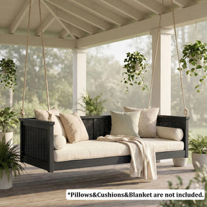 English Elm Topmax Outdoor Acacia Wood Twin Swing Bed with Handwoven Rattan Panels for Porch or Patio N717P417844B