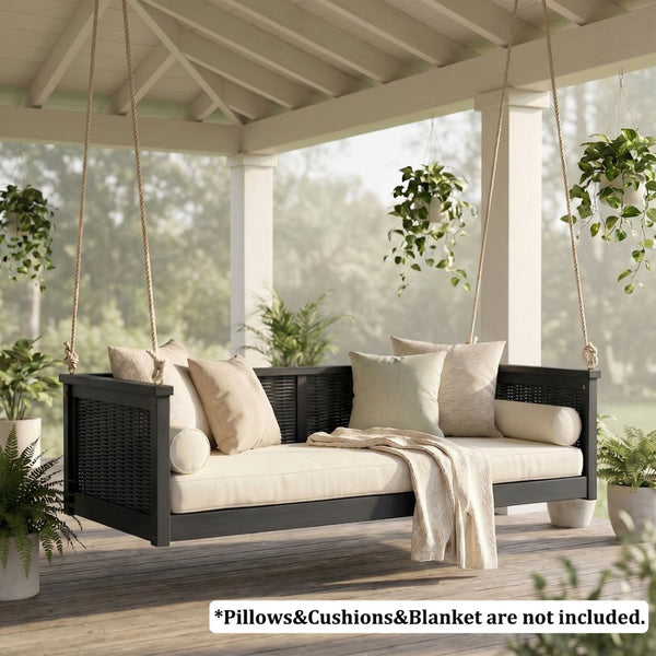 English Elm Topmax Outdoor Acacia Wood Twin Swing Bed with Handwoven Rattan Panels for Porch or Patio N717P417844B